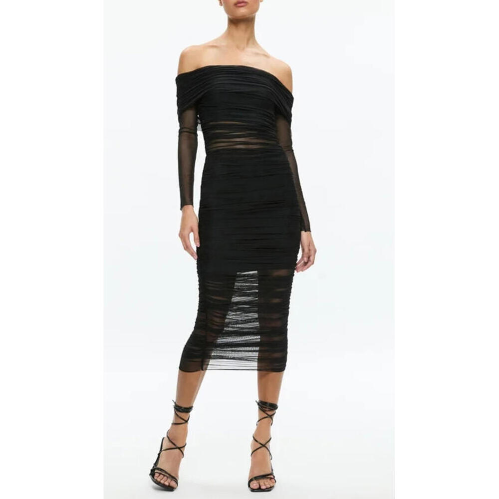 Alice & Olivia Off-Shoulder Black Mesh Midi Dress